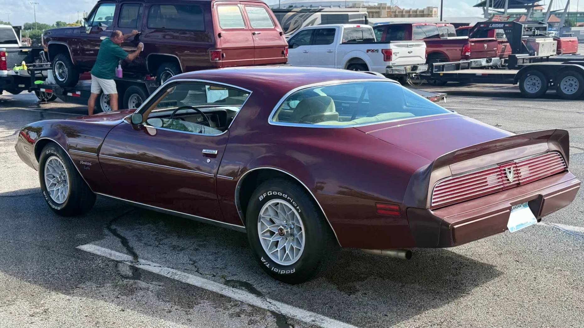 Left rear 3q view of a maroon 1981 Firebird